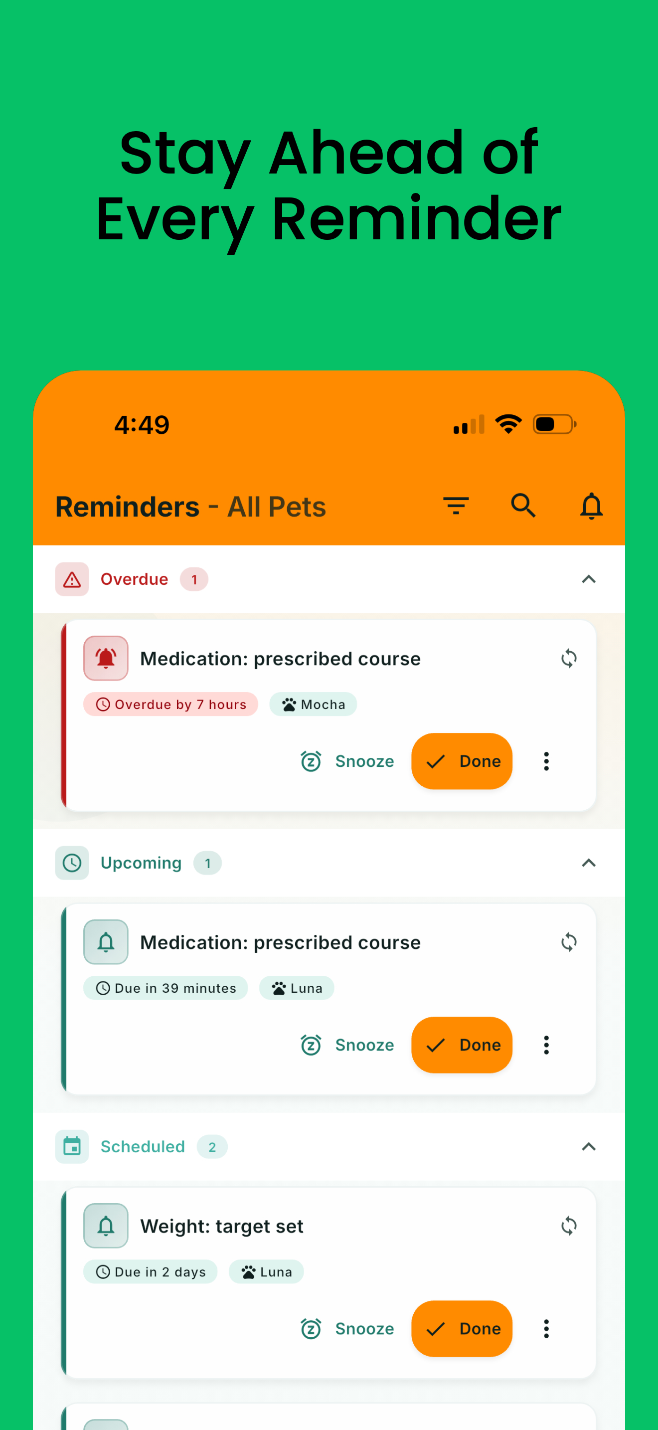 Reminders screen